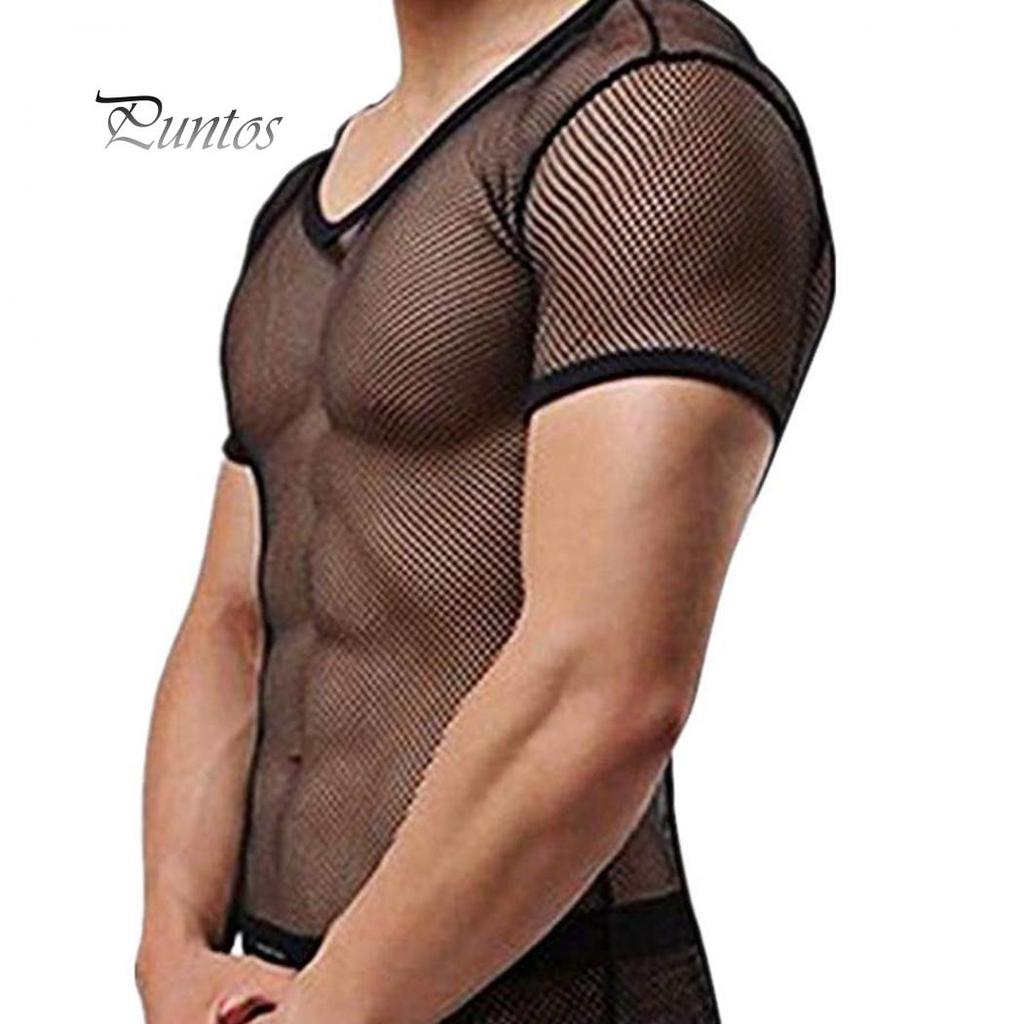Sexy Men Mesh See Through T-Shirt Fishnet Clubwear Short Sleeve Top Undershirt