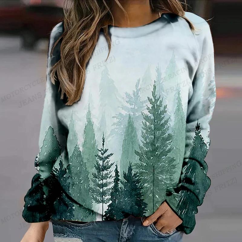 Vintage Hoodie Women Fashion O-neck Hoodies Scenery Print Sweats Women Hoodies Sweatshirts Long Sleeve Coat Crew Neck Pullovers