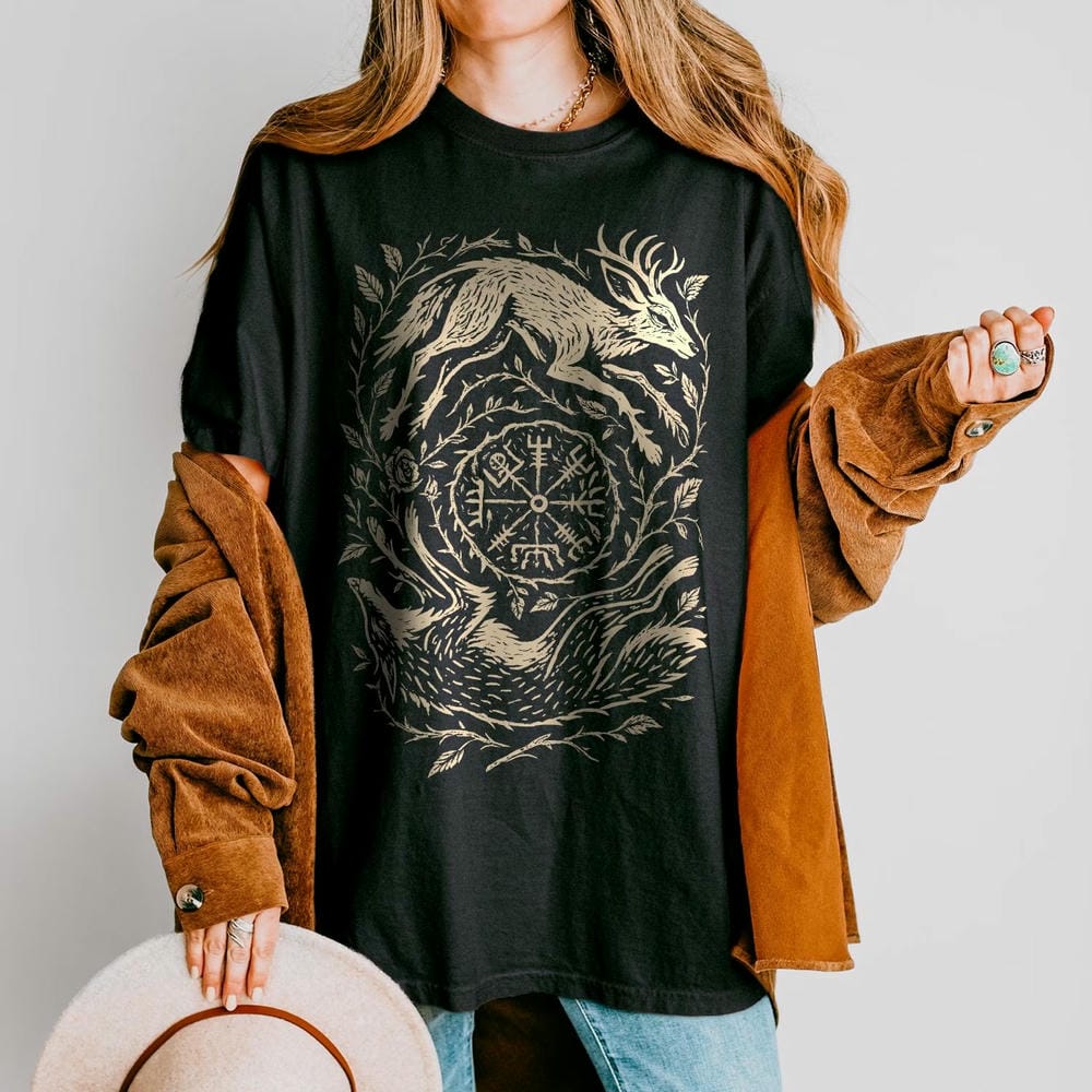 Retro Fox Yin Yang Print Shirt Witchy Forestcore Shirt Mystical Animal Graphic Dark Academia Unisex Y2K Casual Top Streetwear