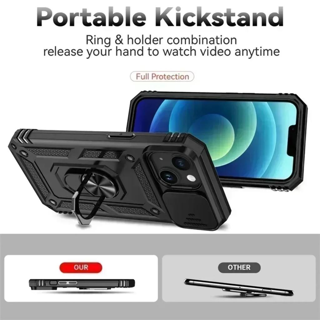 Armor Case for iPhone 16 14 13 12 11 15 Pro Max 16 Plus 13Mini 12Mini Ring Stand Rotating Slide Camera Lens Military Grade Cover