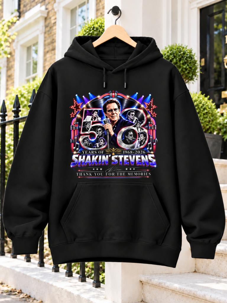 Shakin' Stevens 58 Years of 1968-2026 Thank You for The Memories Retro Jukebox Frame with Microphone And Vocalist Photos Printed on a Black Sweatshirt
