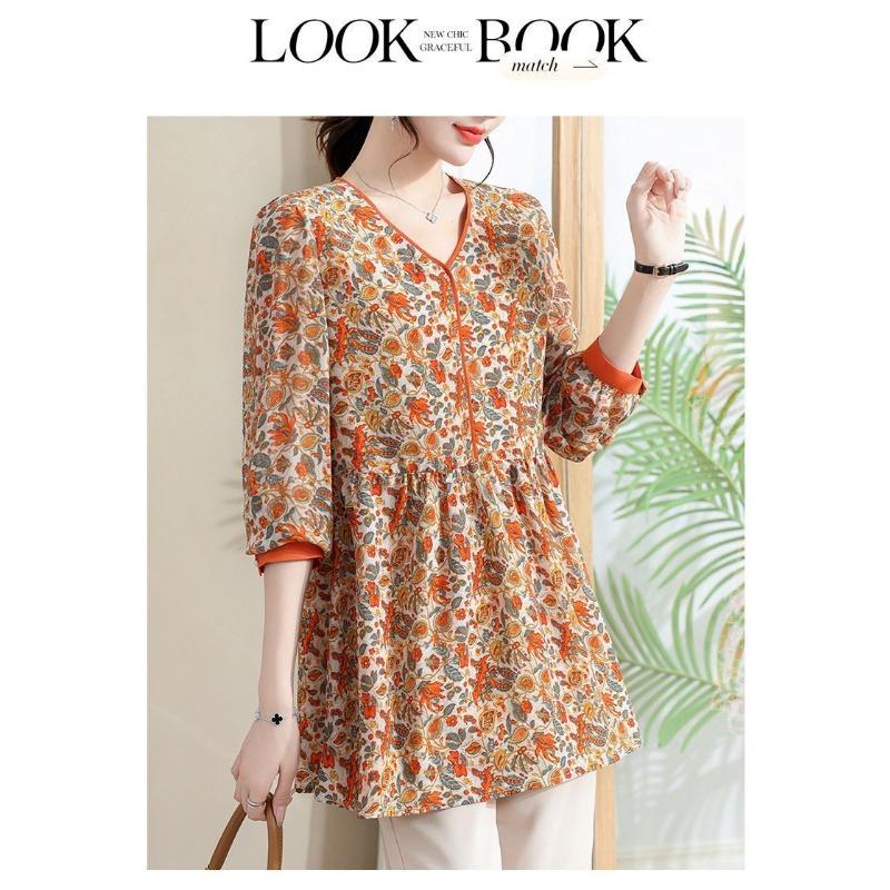 Womens Orange Floral Print V Neck Long Sleeve Blouse
