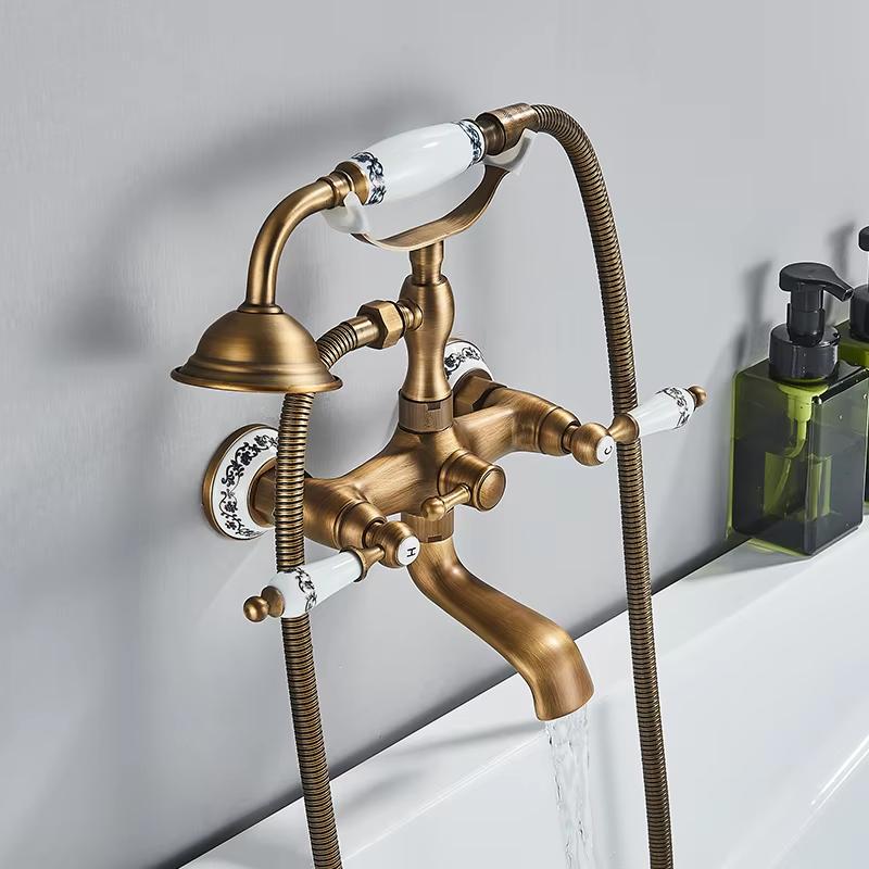 Antique Brass Bathtub Shower Faucet Set Bathroom Dual Handle Wall Mounted Bath Tub Mixer Tap with Handshower and Swivel Spout