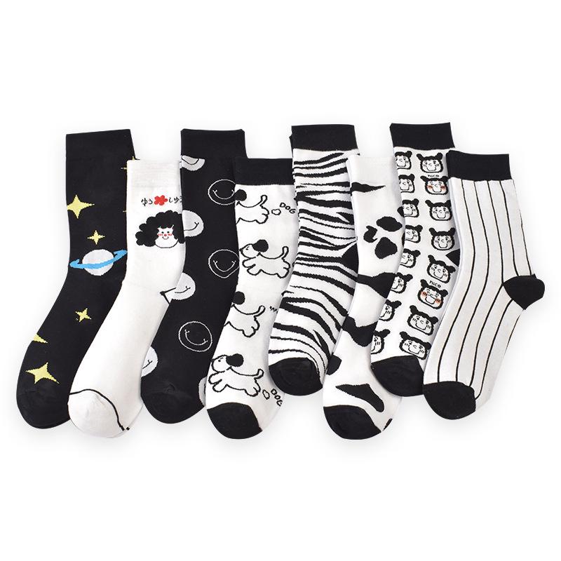 Socken in japanischem Stil mit Tiermuster, mittellang: Kuh, Zebra, Katzen-Design, Unisex, Schwarz & Weiß