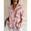 Women's Long Sleeve Abstract Wave Print Button Down Casual Shirt Elegant Daily Blouse Tops in White Blue for Spring Summer