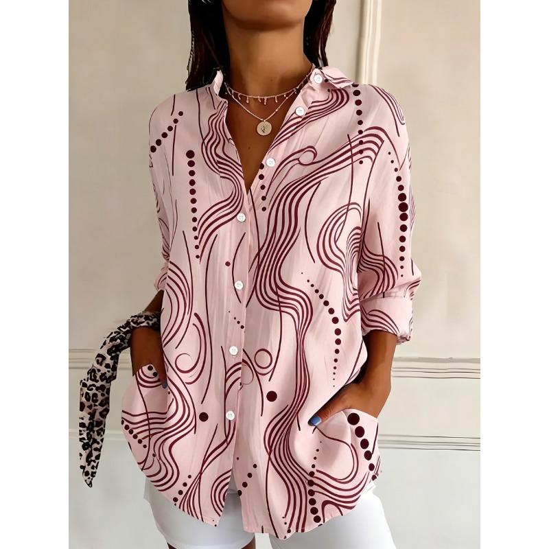 Women's Long Sleeve Abstract Wave Print Button Down Casual Shirt Elegant Daily Blouse Tops in White Blue for Spring Summer