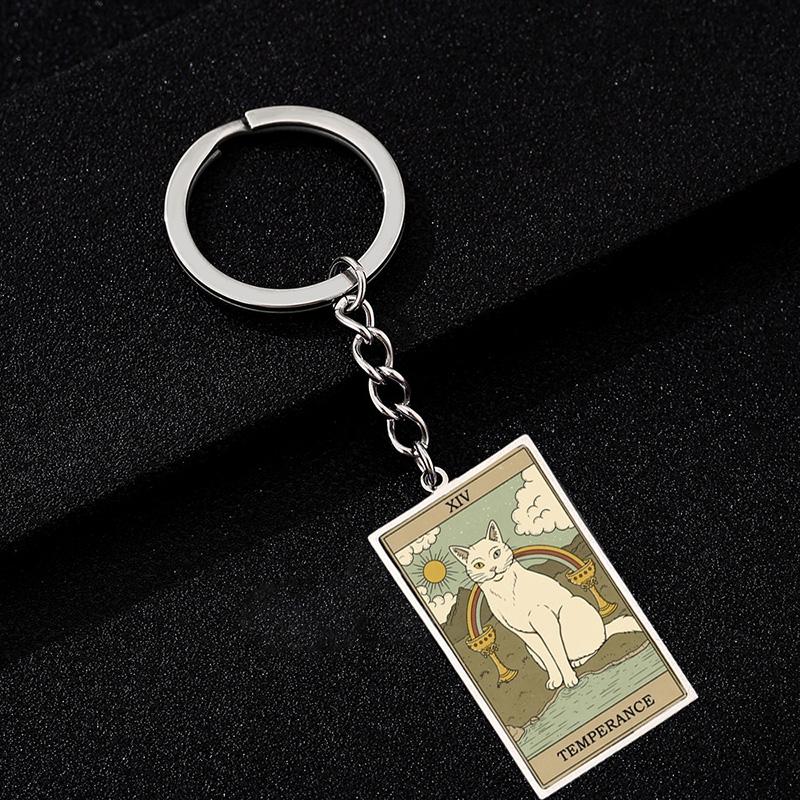 Милый кот Таро Брелок-подвеска Винтажный Прямоугольный Эпоксидный Нержавеющая сталь Брелок Животное Гадание Украшения