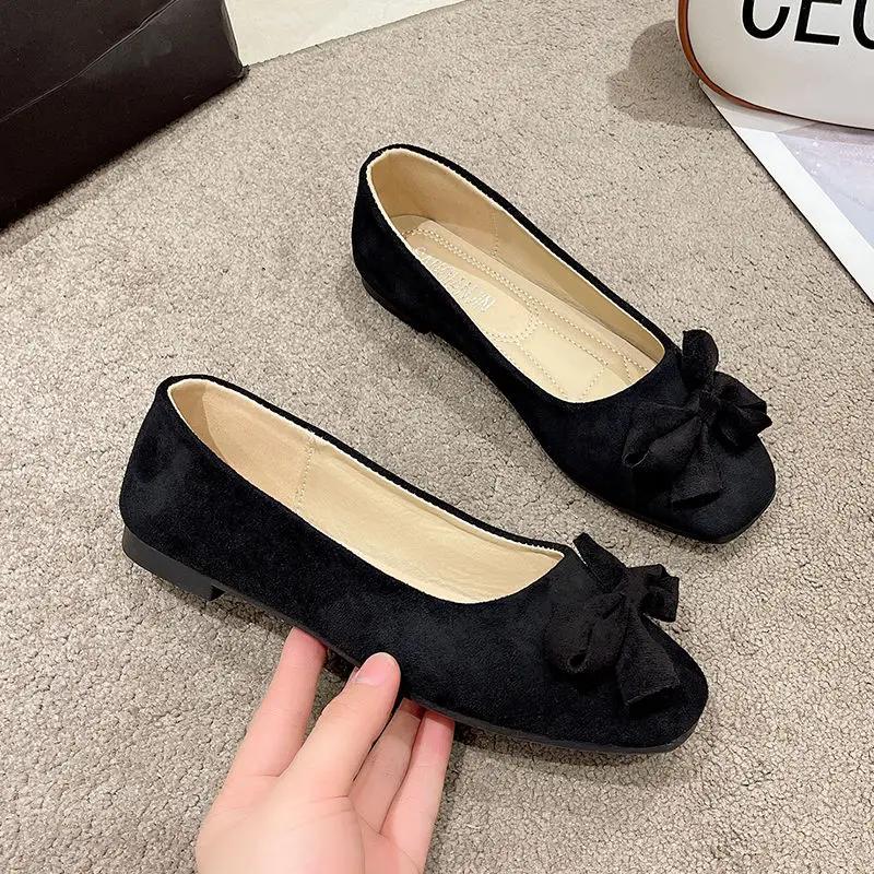 Fashion Ladies Footwear with Bow Slip-on Square Toe Women's Flat Shoes Elegant Dress Cheap Liquidation Wholesale Offer Genuine Mark Y2k