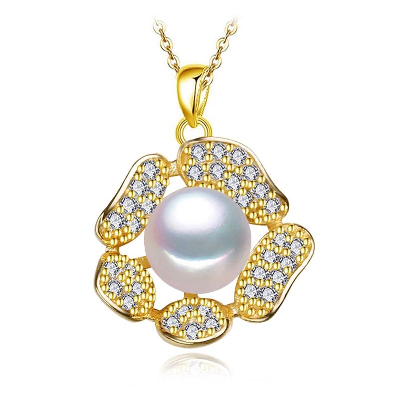 LSOOYH Natural Freshwater Pearl Neckalce Fashion Cubic Zirconia Green Crystal Flower Pendant Necklaces For Women