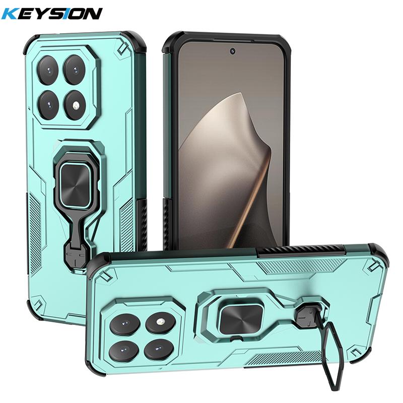 KEYSION Shockproof Armor Case for Xiaomi 15T Pro Silicone+PC Upright Metal Live Ring Stand Phone Cover for Xiaomi 15T 15T Pro 5G