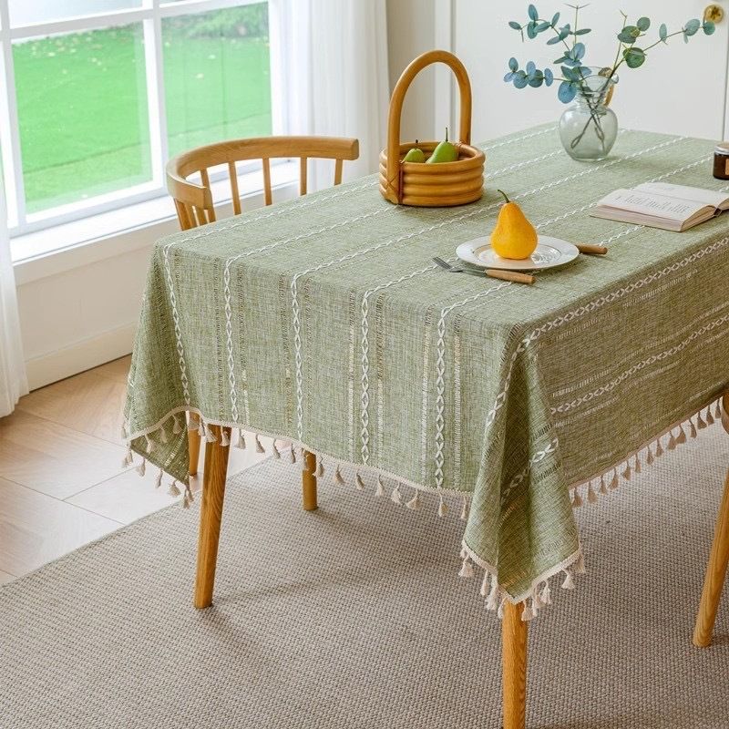 

Japanese-Style Cotton and Linen Fresh Fabrics Tablecloth Plain Three-Dimensional Embroider Tablecloth Tassel Coffee Table Cloth Cover Cover Towel Mocha Stripes Matcha Green 90*90cm