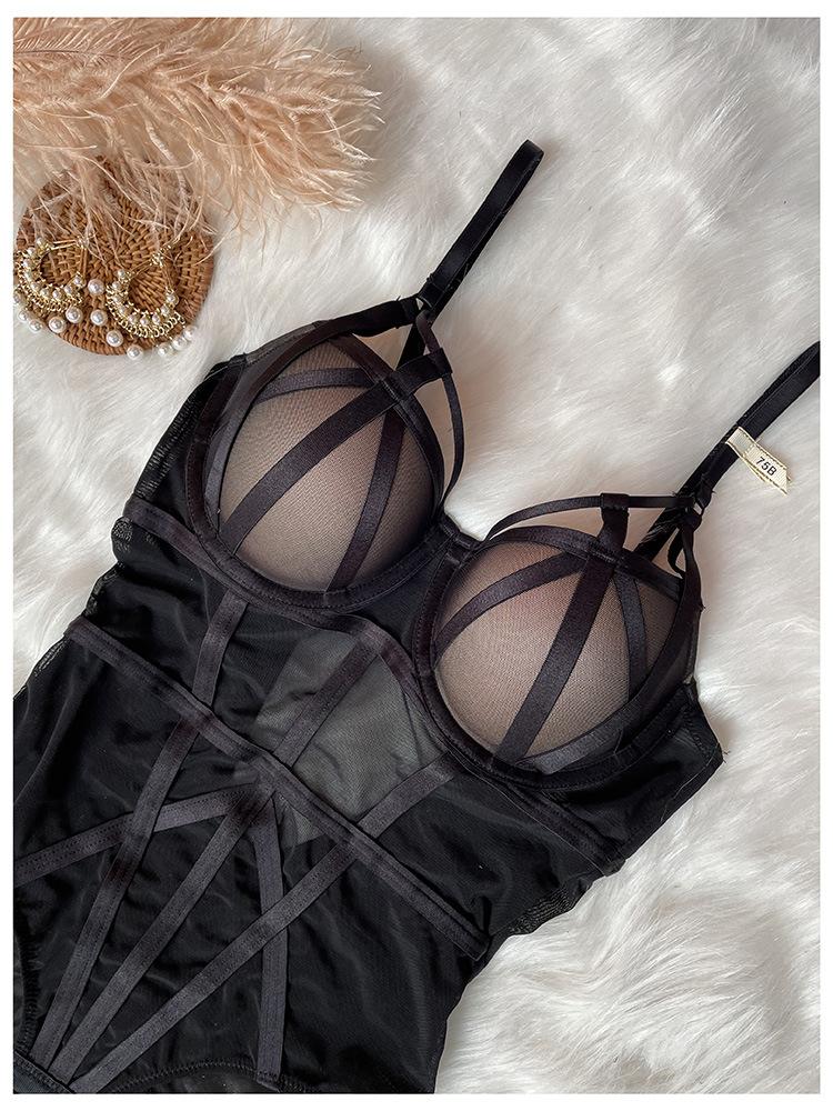 Body francés Sexy de encaje, juego de Sujetador push up, vendaje clásico de malla, vestido ceñido transparente, ropa interior para mujer, monos huecos tentación