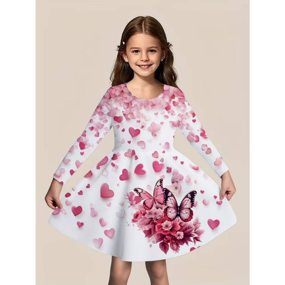 Mädchen Lässiges 3D-Blumenmuster Rundhals Langarmkleid Kinder Prinzessinnenkleid