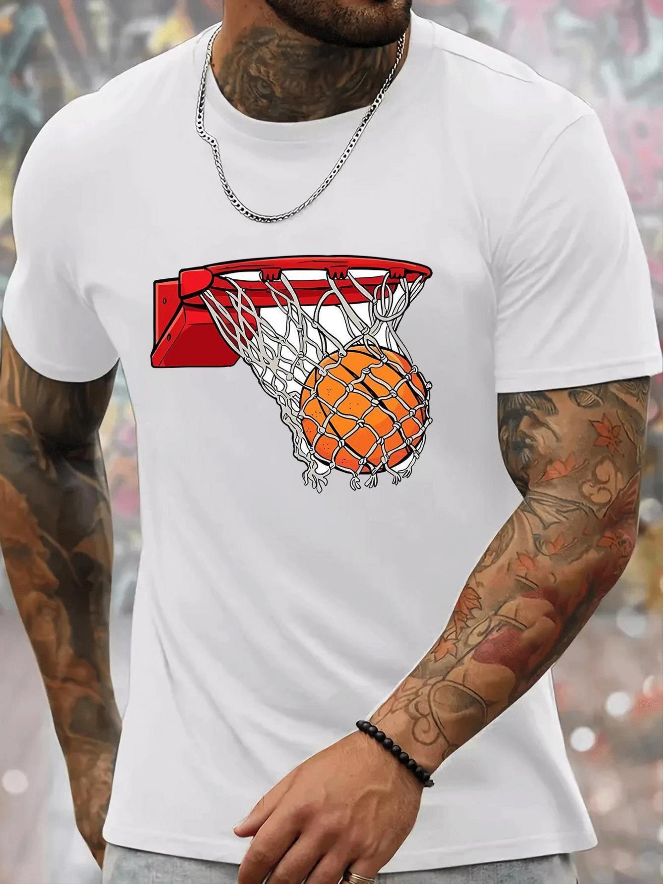 Basketball Graphic T-shirt - 100% Cotton Crew Neck Short Sleeve Tee with Vibrant Red Basketball Hoop Print M