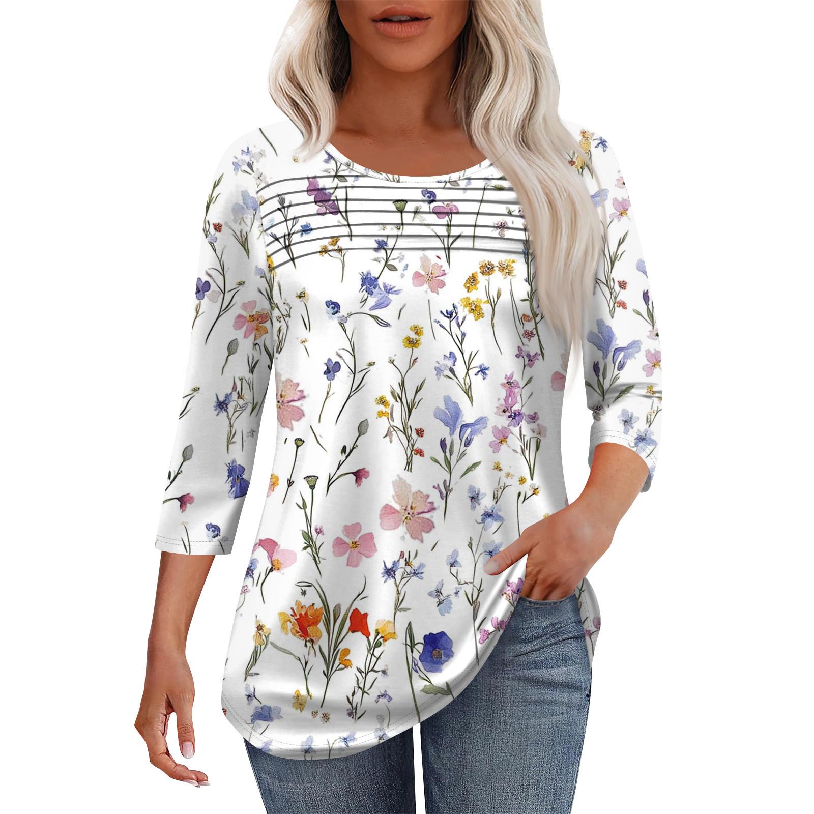 

Женская мода круглый вырез горловины плиссированная передняя планка топ рукав 3/4 XL белый