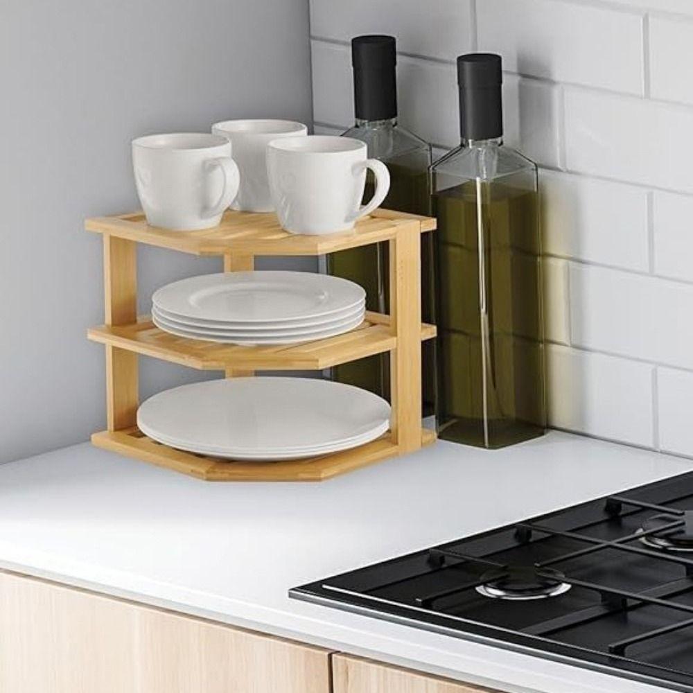 Large Capacity 3 Tier Bamboo Corner Shelf Simple Stable Spice Jars Storage Rack Space Saving Cabinet Organizer
