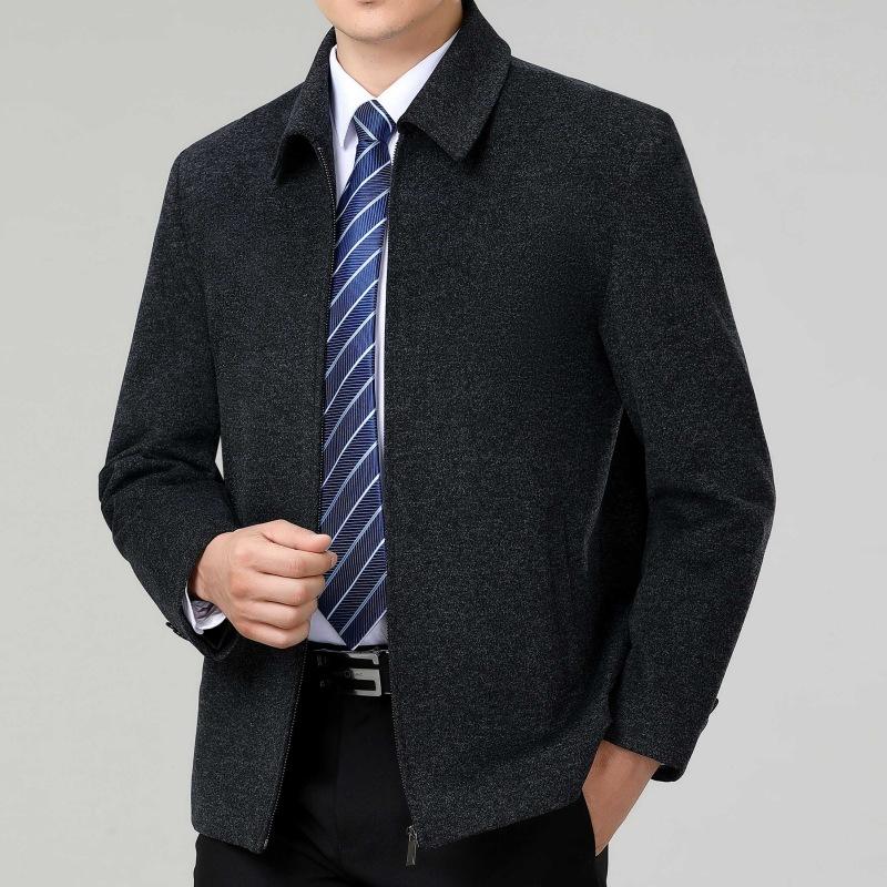 Wool Jacket Men's Autumn and Winter Wool Solid Color Lapel Top Middle-aged and Elderly Dad Casual Leader Cadre Jacket