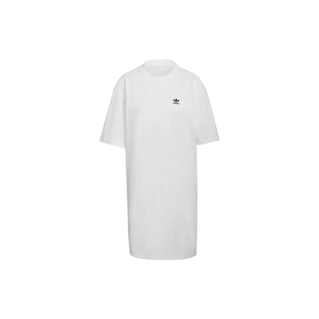 Adidas Originals Trefoil Logo Print Round Neck Pullover Short Sleeve Dress Women Dress White HC2034