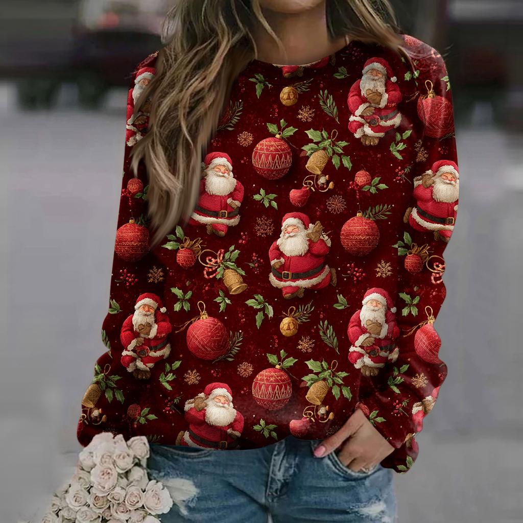Women's Fashion Casual Long Sleeve Christmas Printed Neck Sweatshirt Top