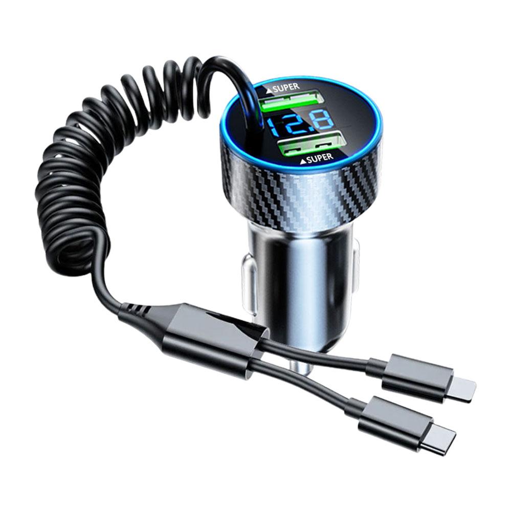 350W USB Car Phone Charger Adapter With Retractable Cable LED Voltage Monitor 4 In 1 Super Fast Charge For IPhone D3V0