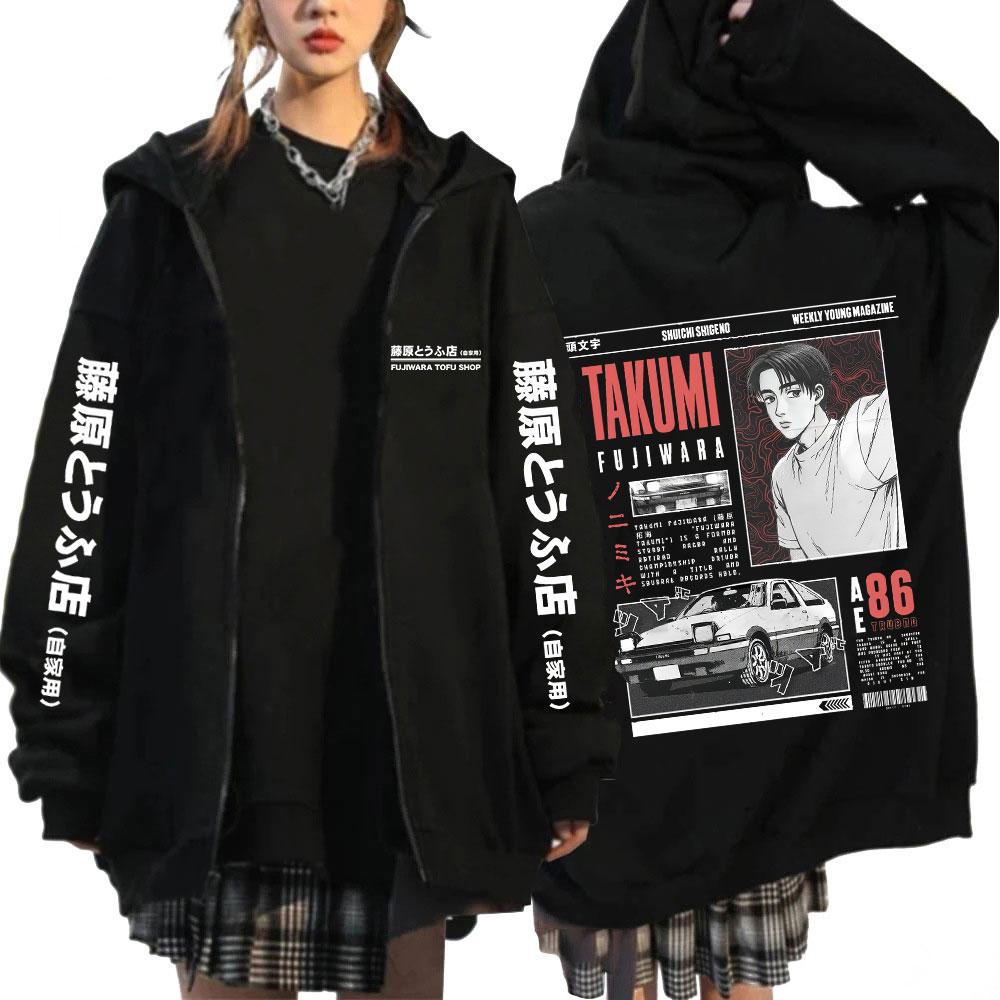 Anime Initial Takumi Fujiwara Tofu Shop JDM Car Zipper Hoodies Men Women Long Sleeve Zip Up Sweatshirts Jacket Coat