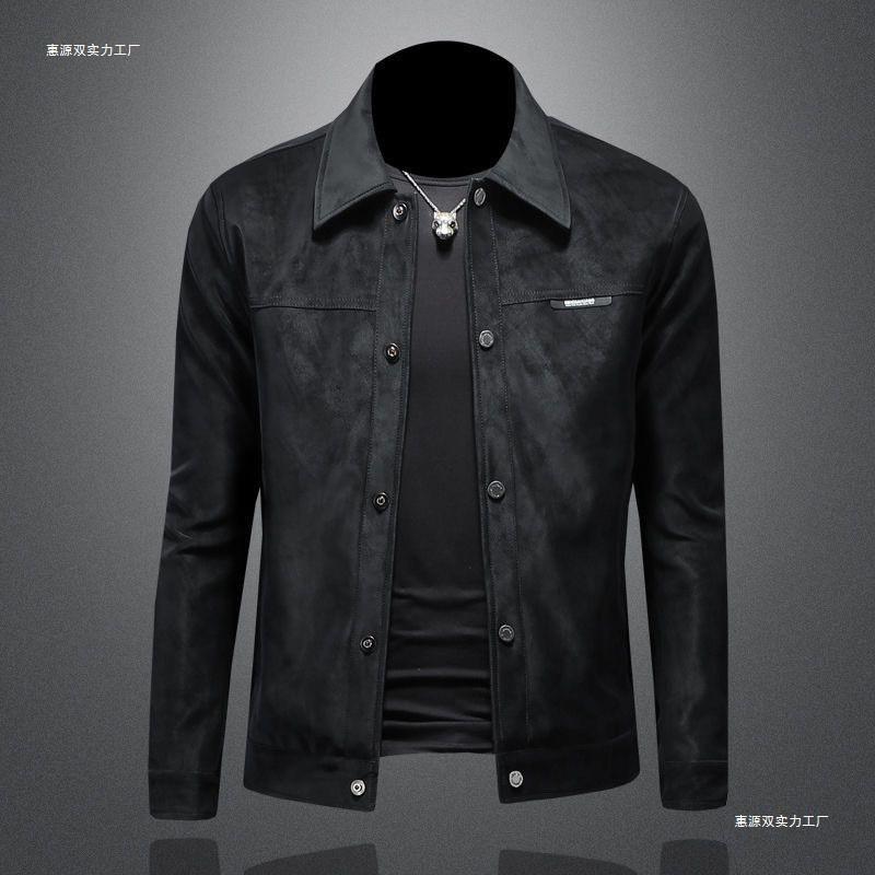 Herren Suede-ähnliche Baumwollmischung Slim Fit Freizeitjacke Leichte Kapuzen-Außenjacke in Khaki Schwarz