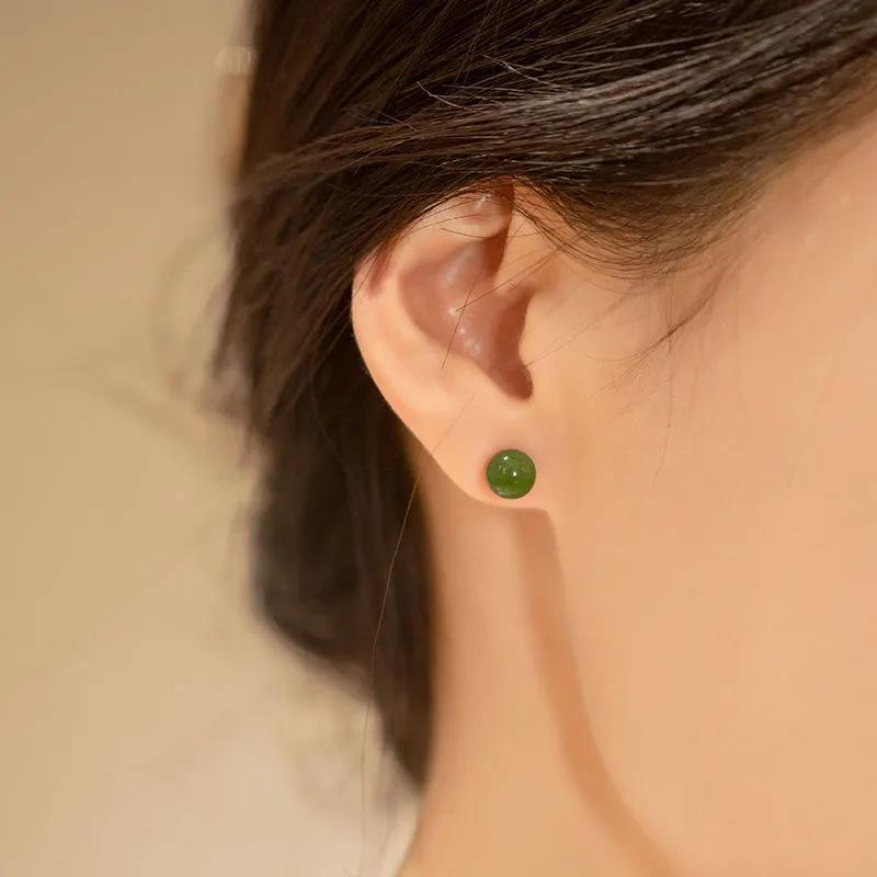 PANJBJ 925 Sterling Silver Hotan Jade Stud Earring for Women Girl Round Vintage Luxury Jewelry Banquet Gift Dropshipping