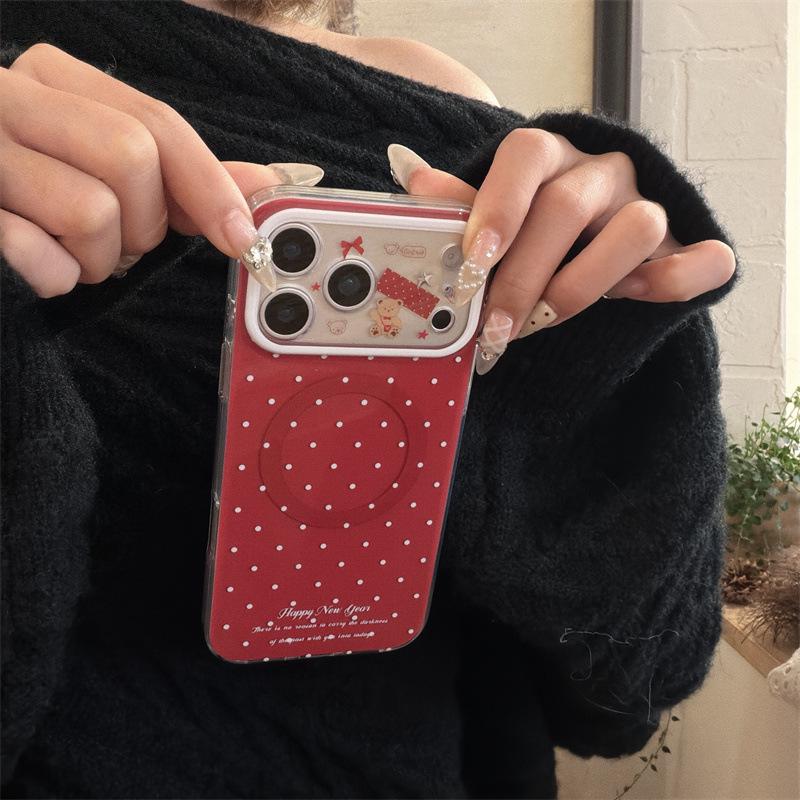 

Korean Style Little Bear Polka Dot Star Magnetic Phone Case for iPhone 17/16 Pro Max/15/14 Apple 17 Pro Max (Precise Cut)
