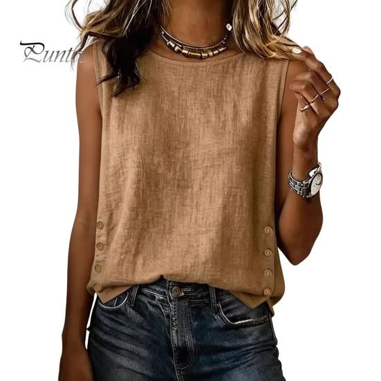 Loose Fit Tops Summer for Women, Round Neck Sleeveless Pullover Tops, Pure Color Stretchy Women Regular Vest Work Party Vacation Office Date