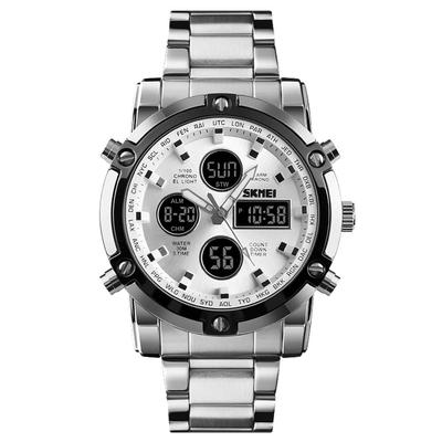 TUOTISI Men's Digital Analog Watch Chronograph Alarm Calendar Stopwatch Luminous SS Band 30M Water Resistance Round Face White Silver