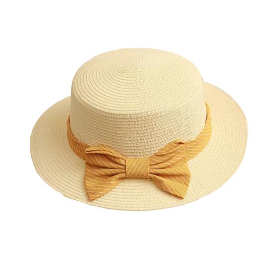 Beach Straw Hat Flat Top Wide Brim Sun Protection Hat with Striped Print Ribbon Bow Hand-Woven Breathable Summer Hat