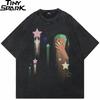 Men Washed Black TShirt Streetwear Cartoon Graphic Shooting Star T Shirt Cotton Tshirt Harajuku Tops Tee Unisex YK