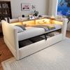 Cama Estofada Cama Sofá Hidráulica 90*190cm, Equipada com Luzes LED, Tomadas e Muitos Compartimentos de Armazenamento, Multifuncional, Cama de Solteiro, Bege