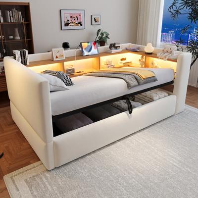 Cama Tapizada Sofá Cama Hidráulico 90*190cm, Equipada con Luces LED, Enchufes y Muchos Compartimentos de Almacenamiento, Multifuncional, Cama Individual, Beige