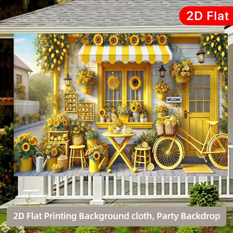 2D Cheerful Sunflower Lemon Café Backdrop with Bike & Outdoor Decor