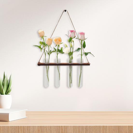 Wiszący drewniany stojak do rozmnażania roślin na ścianę z 4 probówkami wazon na kwiaty doniczka ścienna do domu biura sadzonki hydroponiczne