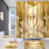 Romantisches Goldenes Schwäne Badezimmer-Set: Enthält 12 kostenlose Haken, wasserdichten Vorhang, rutschfeste Matte, Toilettensitzbezug und Badvorleger -