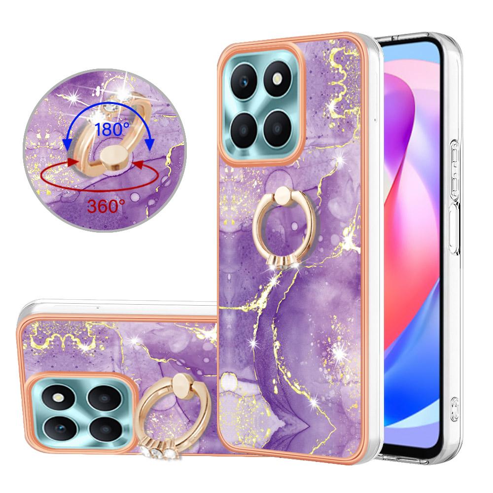 For Honor X6a 4G Case with Ring Kickstand Marble Pattern Electroplating TPU Back Cover