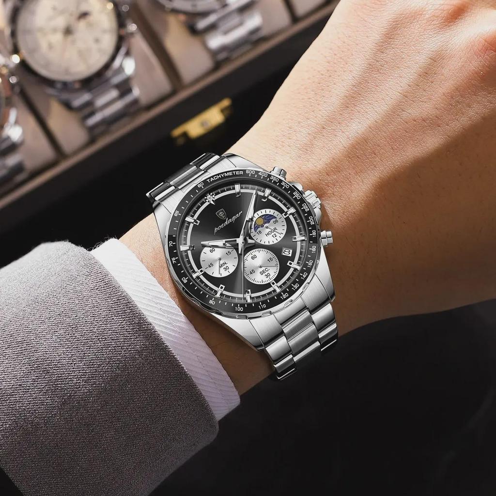 POEDAGAR Luxury Sport Watch For Men Waterproof Luminous Date Chronograph Man Wristwatch Stainless Steel Men's Quartz Watches