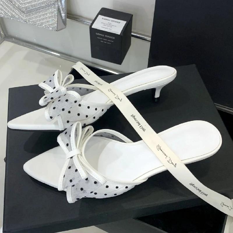 Fashion Elegant Mesh Polka Dot Bow Design Women Slippers Sexy Open Toe Kitten Heel Slide Sandals Fashion Pointed Toe Zapatos De Mujer
