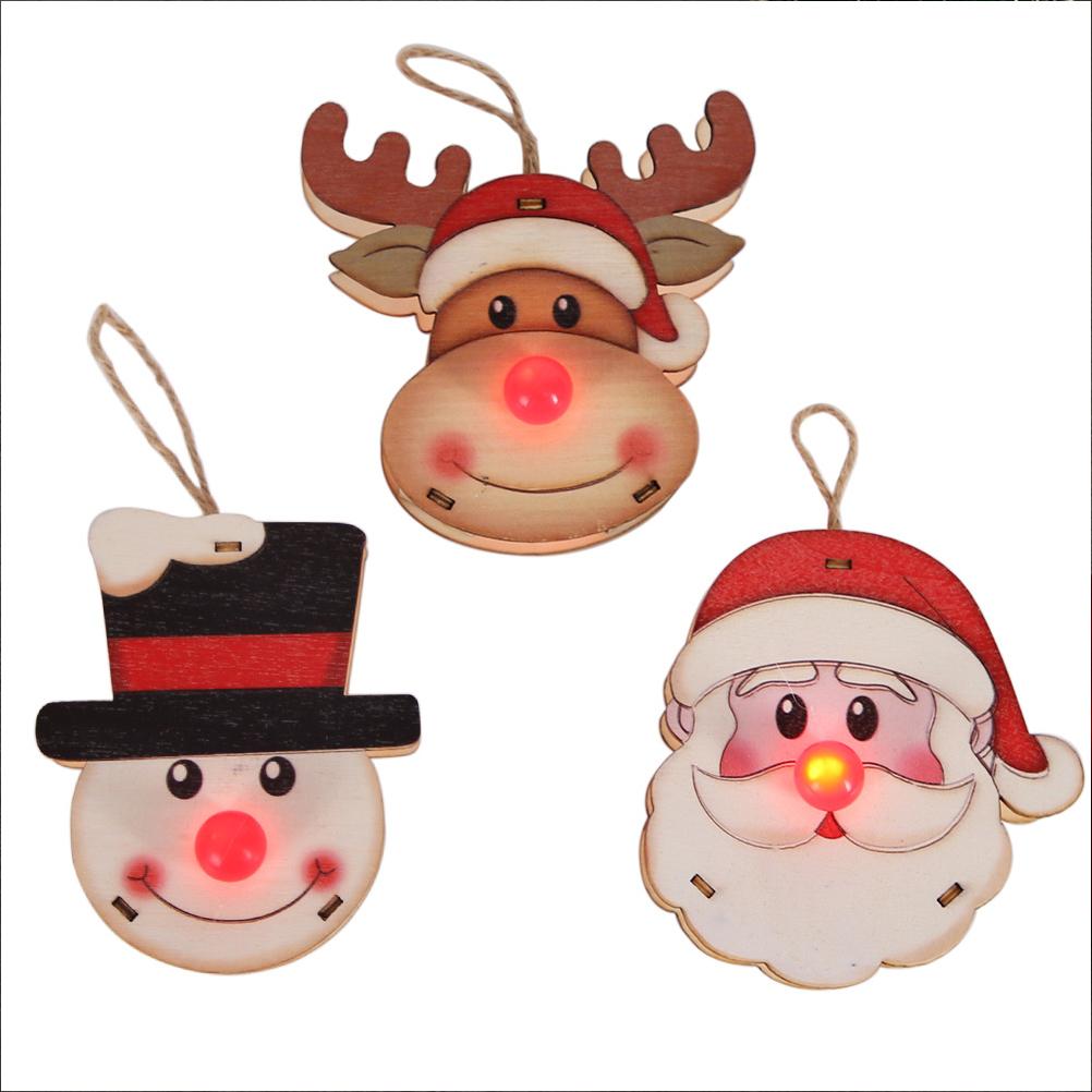 3PCS Christmas Wooden Pendant with LED Light Santa Elk Snowman Pattern Luminous Pendant Christmas Tree Decoration