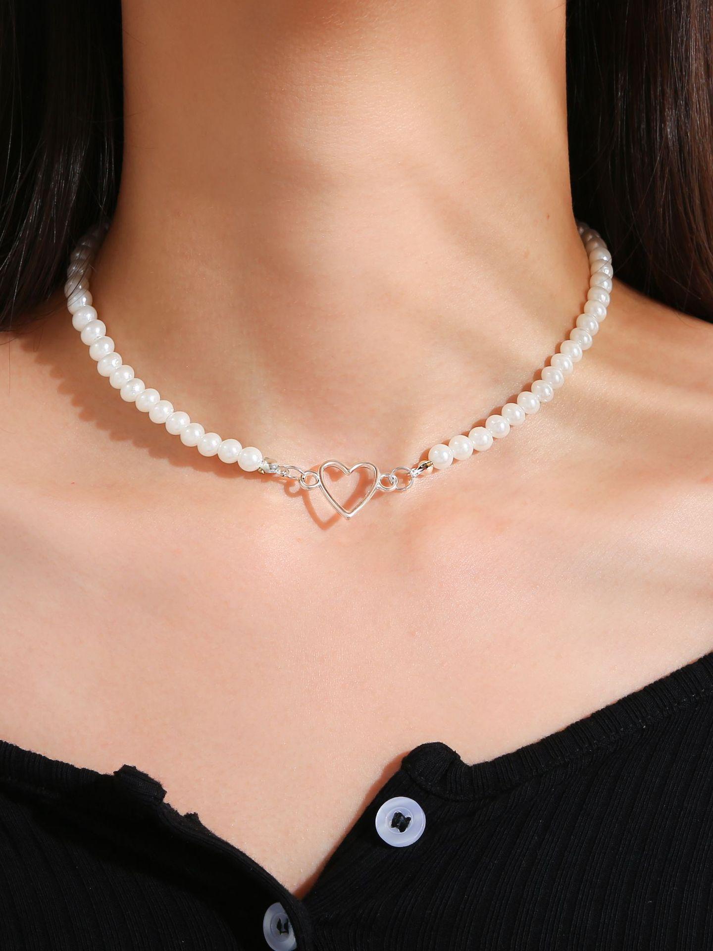 French Vintage Pearl Chain Necklace For Women Fashion Silver Color Lover Heart Choker Simple Women Collar Ladies Jewelry Gift