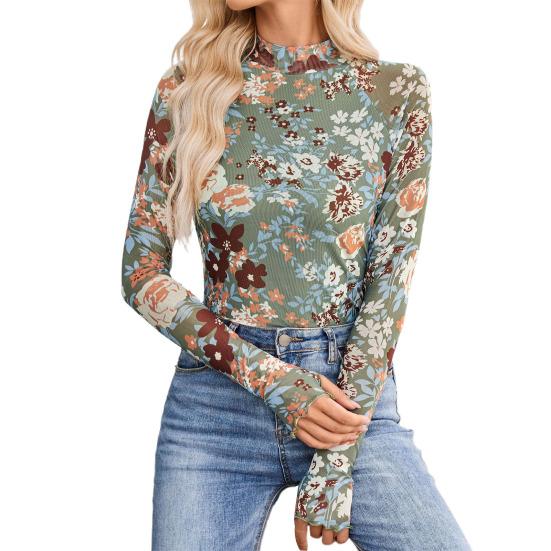 

Women s Floral Mesh Long Sleeve Tops Sheer Mockneck Layering Shirt Slim Fit Fall Spring Going Out Outfit S