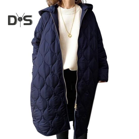 

Осень-зима Женская куртка с капюшоном на молнии с ромбовидной текстурой, тонкая подкладка, длинные рукава, средняя длина, свободное повседневное пальто для работы и школы темно-синий