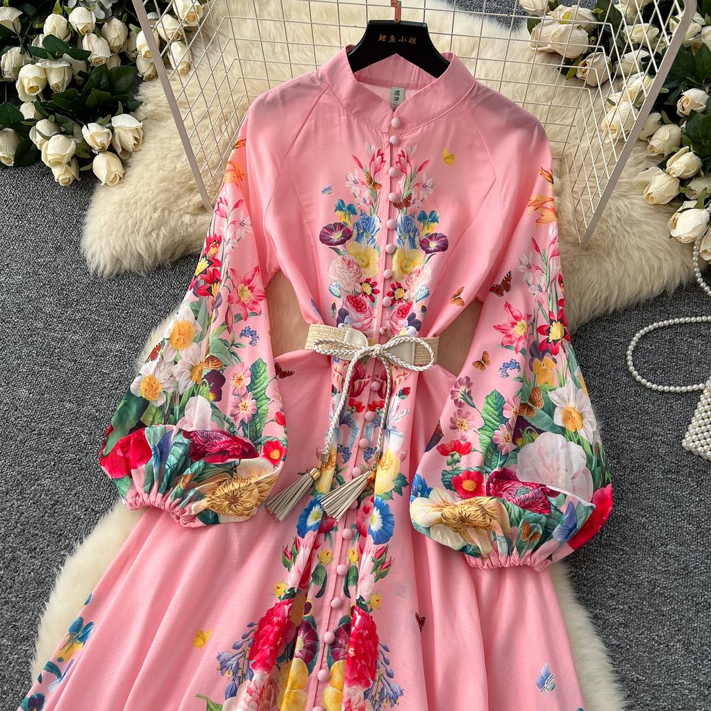 Spring Autumn Women Plus Size Print Single Breasted Long Maxi Seaside Holiday Beach Dresses with Belt