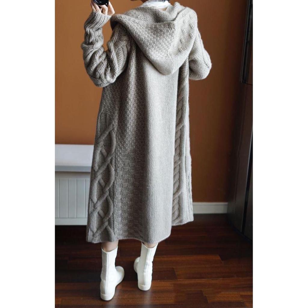 Autumn Winter New Women Sweater Hooded Knitted Coats Solid Color Jacquard Long Sleeve Midi Loose Fashion Aesthetic Cardigans