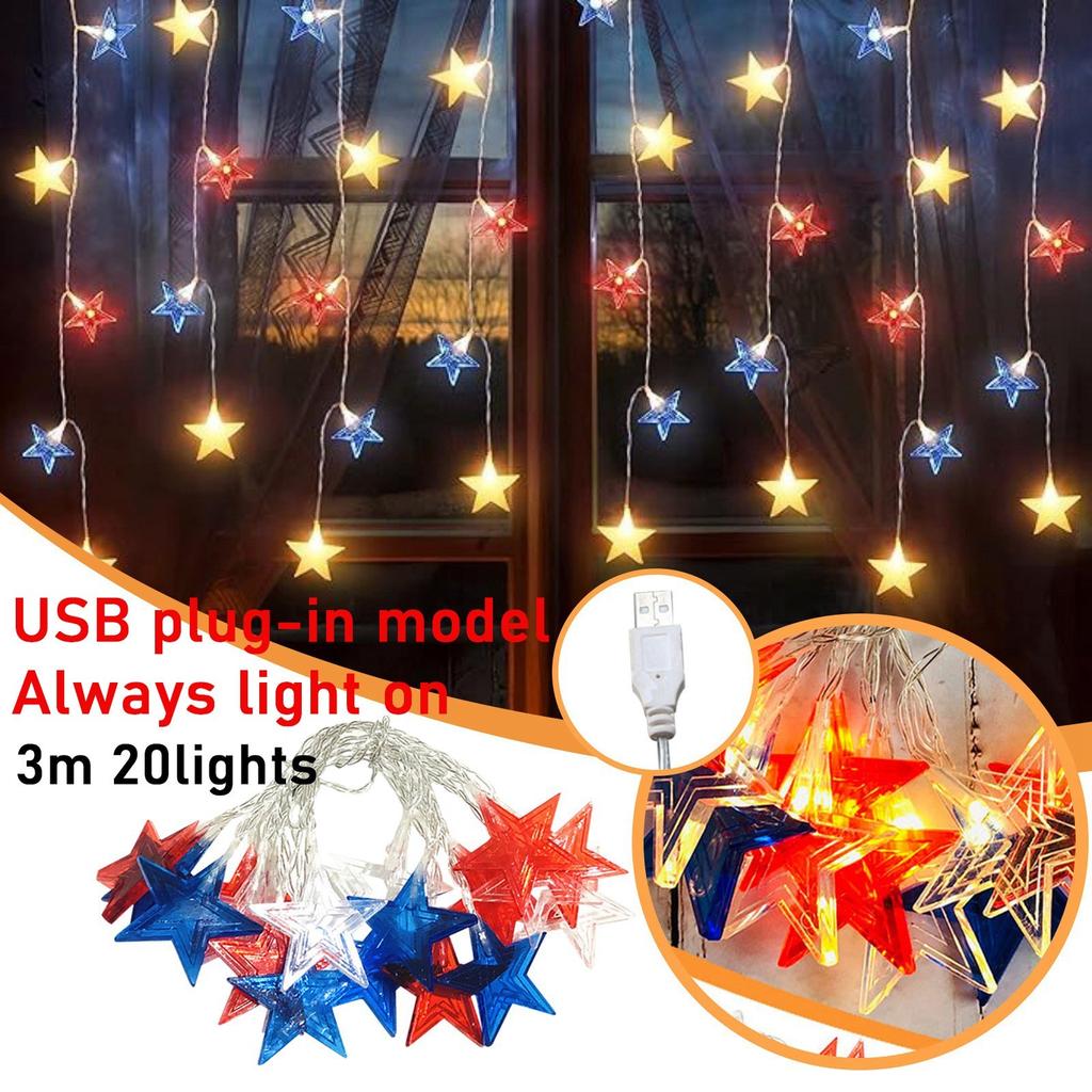 USB Plug-In, Red, White And Blue Three-Color Five-Pointed Star Decorative Lamp LED American Independence Day Light String