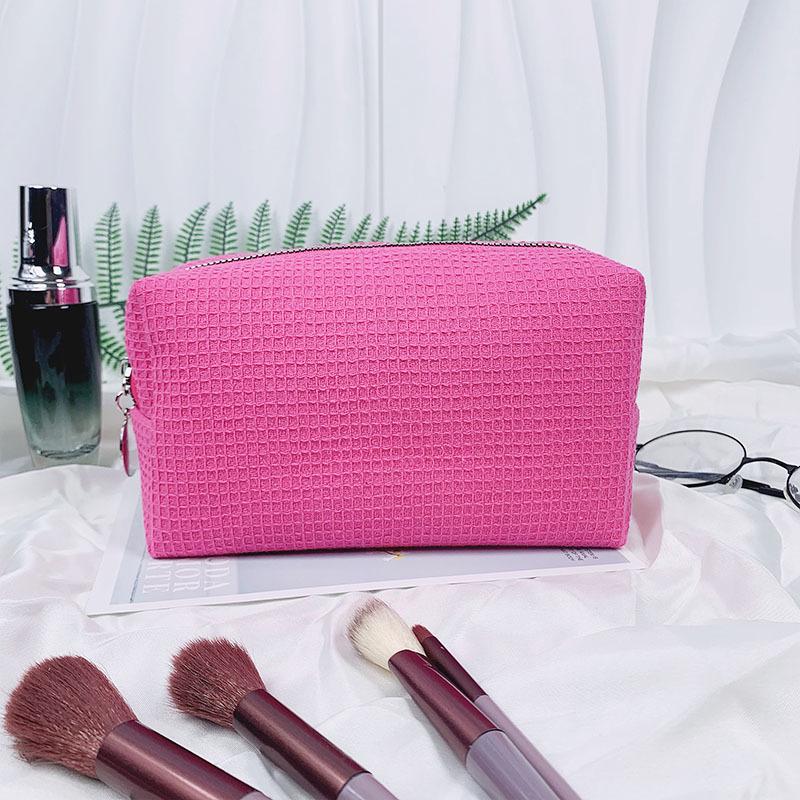 Large Capacity Waffle Cosmetic Bag - Portable Solid Color Toiletry Bag for Women