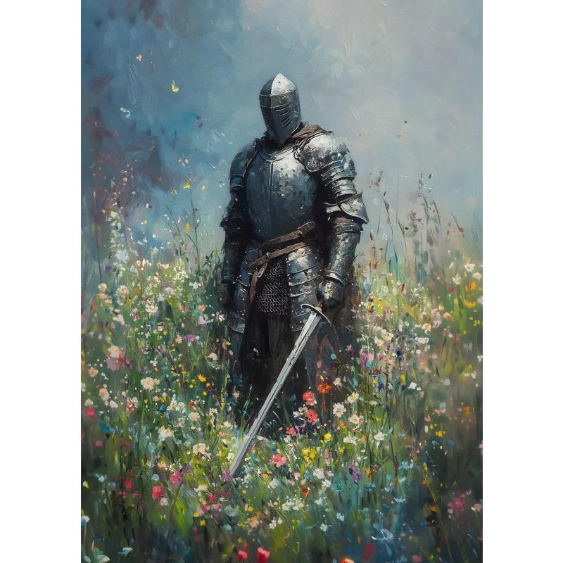 Vintage Dark Academia Medieval Knight in Wildflower Meadow Fantasy Sword Poster Canvas Painting Wall Art Pictures Home