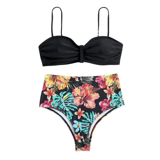 

2 шт./компл. сладкий пляжный комплект бикини с цветочным принтом, комплект из двух предметов для плавания, быстросохнущий женский купальник, женская одежда L чёрный